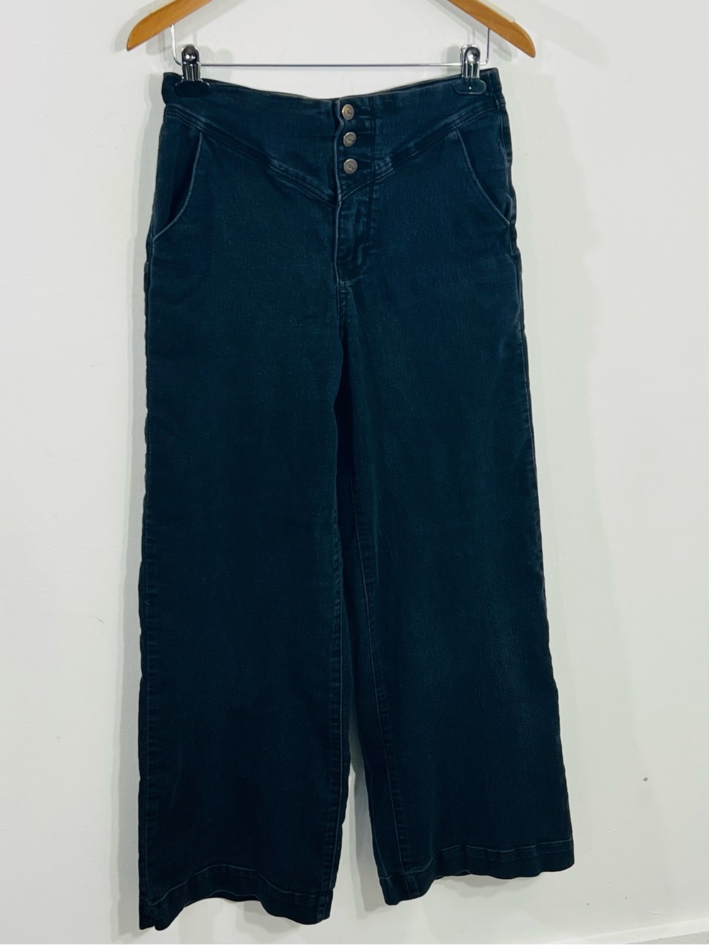 1822 Denim Black Three Button Wide Leg Slash Pocket Jeans High Rise Sz 6 Stretch